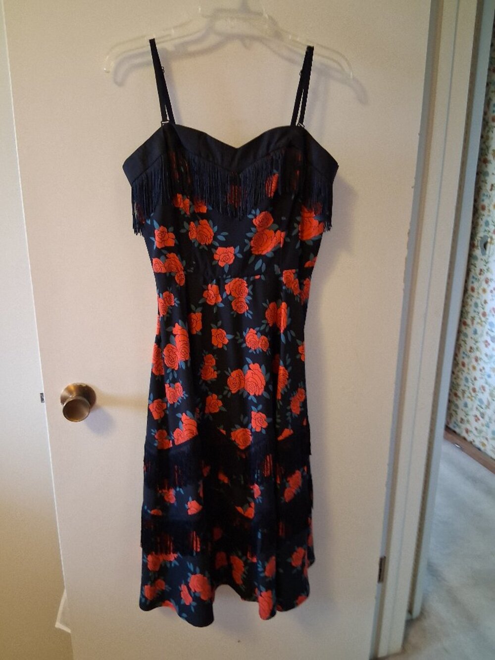 Red Rose Black Fringe Dress, L, NWOT